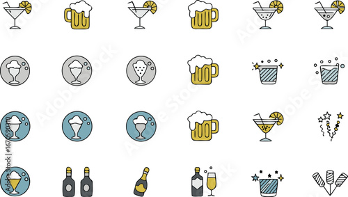 Colorful party drink icons set with beer mugs, cocktails, champagne, wine glasses, bottles, ice cubes, celebration, and festive drink symbols.