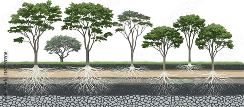 Illustration of various trees with their exposed root systems, showing different depths and spread within the soil layers