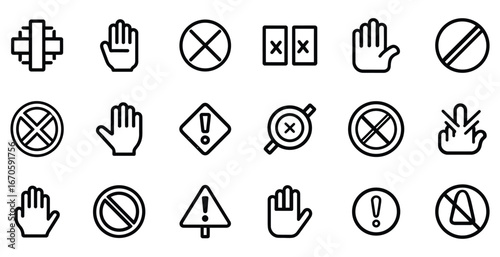Collection of various warning signs and hand gestures in black and white line art format isolated