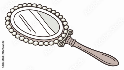 Illustration of a hand mirror with an oval frame decorated with pearls and a decorative handle