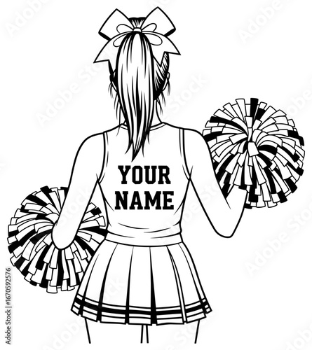 Cheerleader Name Svg. Cheerleader from behind with pompoms and a customizable jersey, a vector illustration ideal for sports designs, team apparel, and school spirit graphics.