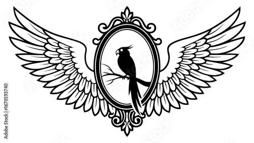 Silhouette of a cockatiel on a branch inside an ornate frame with wings extending outward