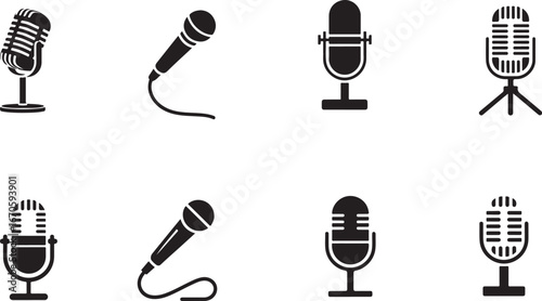 Microphone icon set.  Podcast microphone.Karaoke mic web and mobile app icons.black microphone simple icon vector on white background.