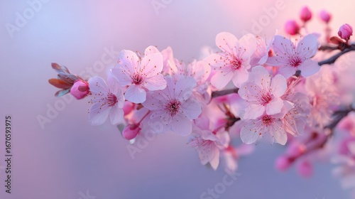 Close-up of blooming cherry blossom branches in soft pastel pink and lavender against a smooth gradient background transitioning from lightest blush to palest mint. Gentle spring lighting with dappled