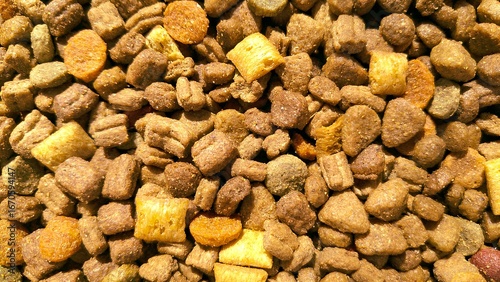 Textured background close-up of dry pet food croquettes and treats for pets, cats, or dogs