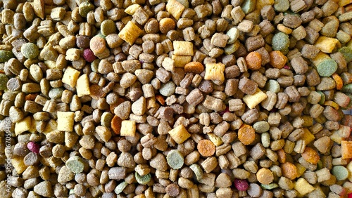 Textured background close-up of dry pet food croquettes and treats for pets, cats, or dogs
