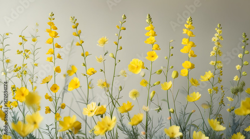 Flat vector illustration of a wildflower border made only of yellow blooms, isolated on white background, minimal clean floral design for decoration