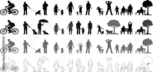A versatile collection of black silhouettes and outlines showing people in common daily activities and leisure