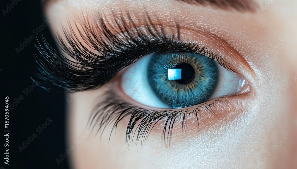 Obraz premium Close-Up Macro View Of Woman'S Eye Sporting Extra-Long Fake Eyelashes. Focus On Eyelash Extensions, Makeup, And Beauty Products. Feminine Aesthetics.