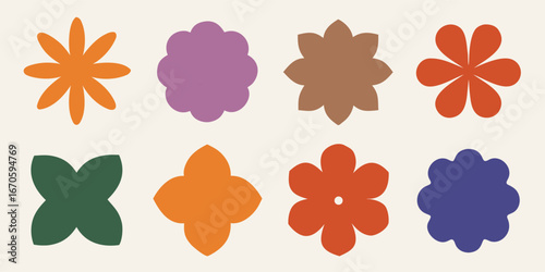 Flower geometric shapes. Colorful brutalism abstract symbols. Isolated vector and decorative patterns 
