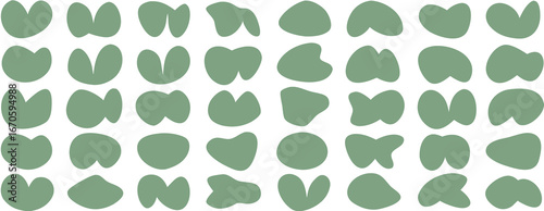 Organic amoeba green blob shape abstract vector illustration isolated on white background. Set of irregular stains and round blots form graphic elements. 