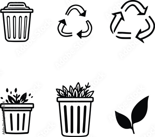 A collection of black and white environmental icons including recycling and waste management symbols