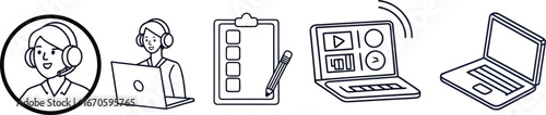 "Customer support icons with headset operator, online laptop, checklist, and communication tools in minimal line art design for call  remote work, and service solutions."