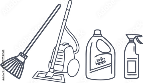 "Cleaning tools set with broom, mop, vacuum cleaner, detergent, and spray bottle. Outline design for housework and sanitation concepts. Simple line art illustration for home cleaning services."