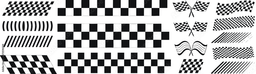 Fototapeta premium Racing stripe vector set, race car vector, Racing Stripes and checkered flag designs, racing stripe speed, decal patterns, dynamic lines, competition, automotive graphics.