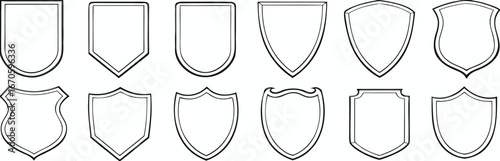 Shield icons set, shield vector, police badge shape. Vector military shield silhouette on white background.  
