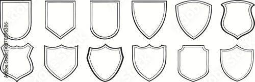 Shield icons set, shield vector, police badge shape. Vector military shield silhouette on white background.  
