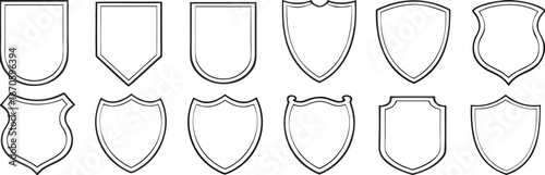 Shield icons set, shield vector, police badge shape. Vector military shield silhouette on white background.  
