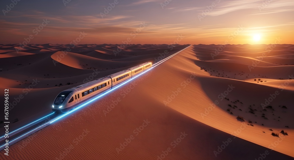 Obraz premium Highspeed train traveling through desert dunes at sunset with glowing tracks