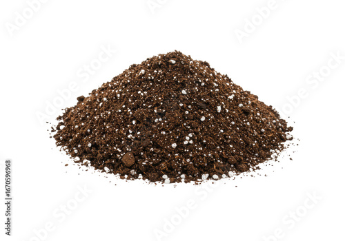 A pristine mound of dark brown soil with white perlite granules, centrally positioned on a clean, transparent background, high-angle top-down studio shot, concept of foundational growth and