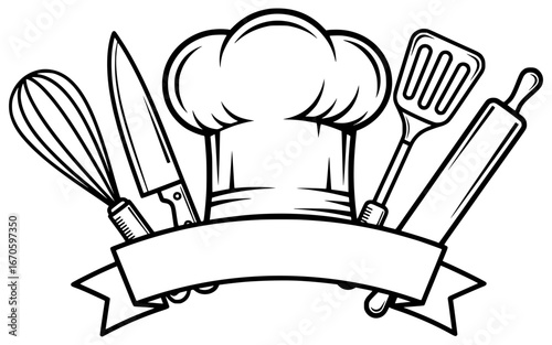 Chef Logo Svg. Chef hat and kitchen tools with a customizable ribbon banner, a vector graphic perfect for restaurant logos, cooking classes, and food-related designs.