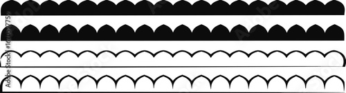 Scalloped edge seamless vector set. Simple scalloped border shape. Scalloped border. Texture ribbons illustration isolated on white background. 
