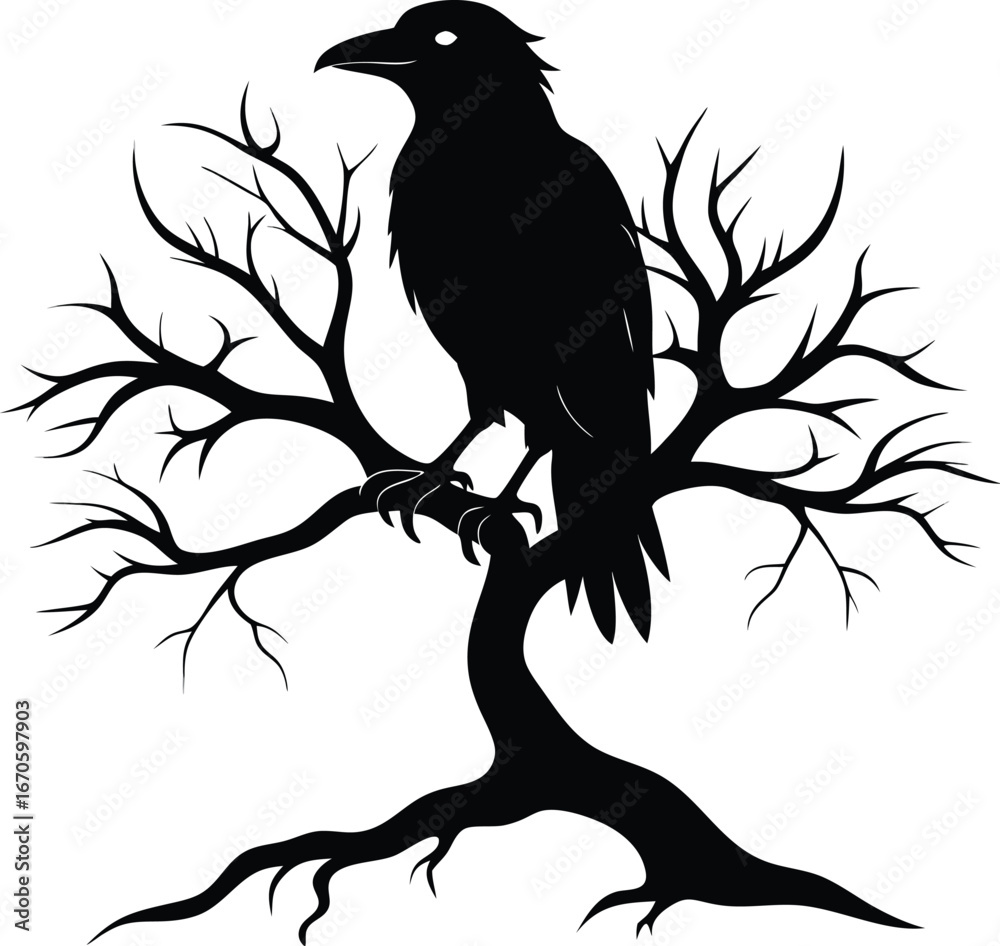 Fototapeta premium raven on haunted tree branch silhouette clean white