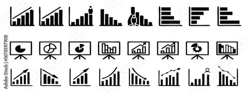 Business graphs and charts icons. Chart and diagram Icon. Business statistics and analytics, charts diagrams, money, down or up arrow. Vector illustration 