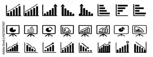 Business graphs and charts icons. Chart and diagram Icon. Business statistics and analytics, charts diagrams, money, down or up arrow. Vector illustration 