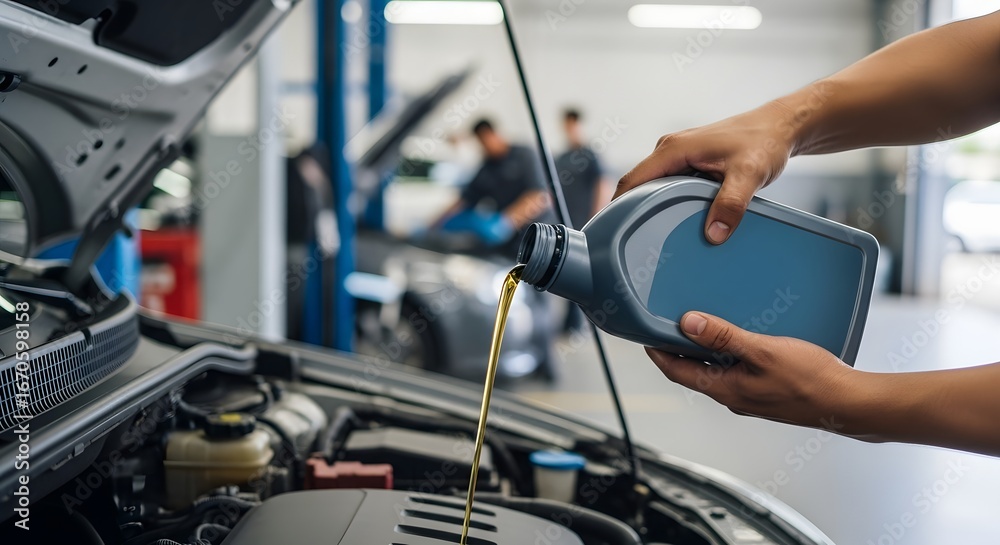 Fototapeta premium A mechanic pouring oil into a car engine during a routine maintenance checkup, servicing the vehicle.