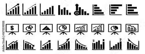 Business graphs and charts icons. Chart and diagram Icon. Business statistics and analytics, charts diagrams, money, down or up arrow. Vector illustration 