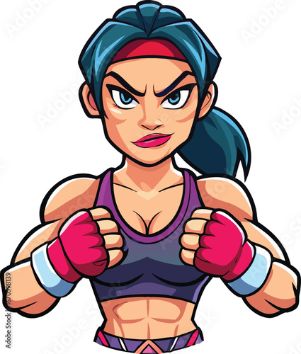 Cartoon bald fighter with boxing gloves, ready for a fight on a yellow and red background