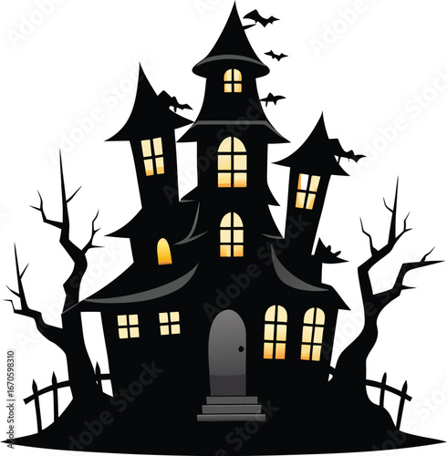 spooky haunted house silhouette with crooked windows clean white