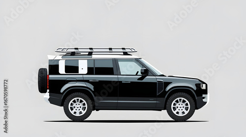 Minimal flat vector of a black SUV with roof rack, isolated modern sport utility vehicle clipart, clean car illustration for transport and travel design