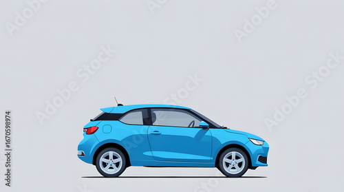 Minimal vector illustration of a blue hatchback car with rounded edges, isolated flat design compact city automobile clipart, clean modern style