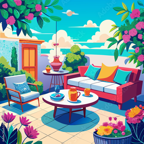 Vibrant mediterranean terrace with sea view and blooming flowers