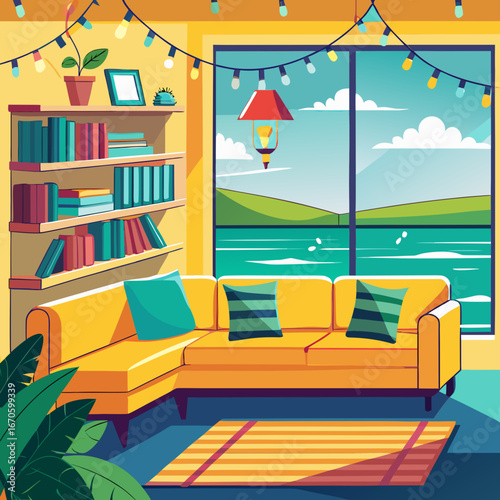 Cozy living room with a yellow sectional sofa and a large window overlooking a serene lake and green hills