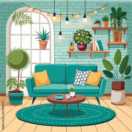 Cozy living room with teal sofa and many houseplants