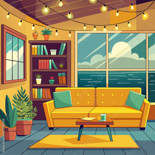 Cozy living room with a yellow sectional sofa and a large window overlooking a serene lake and green hills