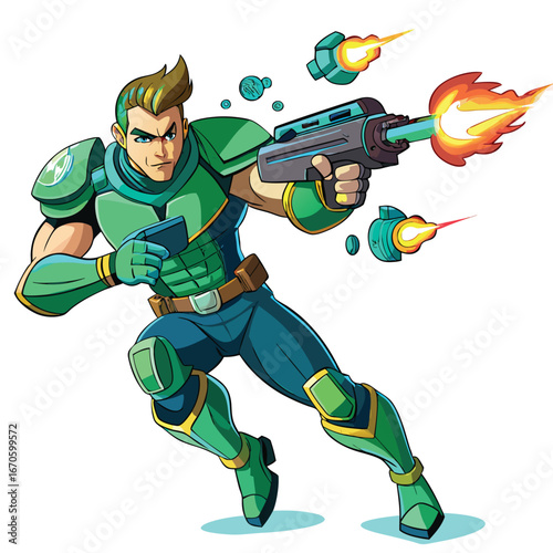 Sci fi soldier firing weapon with energy blasts isolated on white background