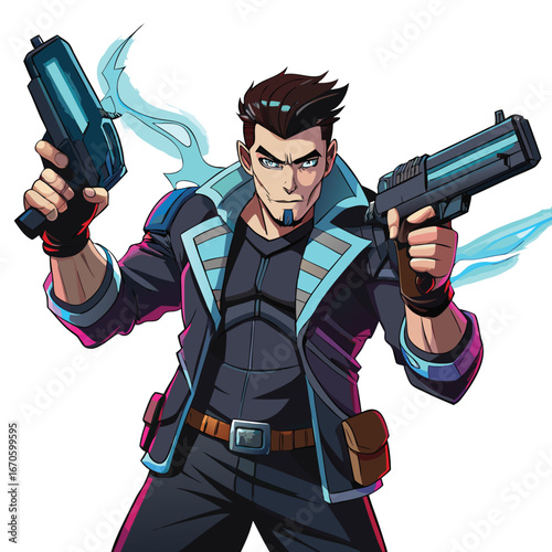 Sci fi character with guns isolated on white background