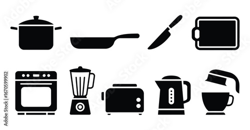 Kitchen Icon Set: Cooking Pot, Frying Pan, Knife, Cutting Board, Oven, Blender, Toaster, Kettle, and Stand Mixer in Black Silhouettes