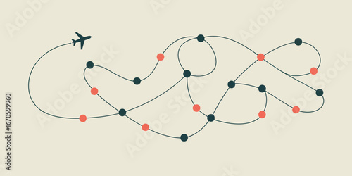 Plane flying with a black line path connecting black and red dots on a light cream colored background