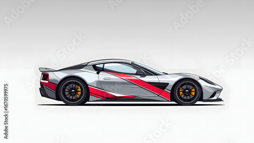 Vector clipart of a sleek sports car with bold racing stripes, modern flat minimal style automobile design isolated on white with no shadow