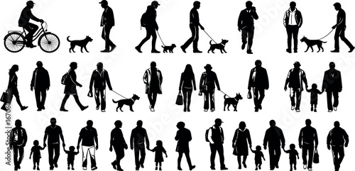 Black human silhouettes demonstrating diverse daily activities, including walking, cycling, families, and pet owners, for versatile graphic design applications