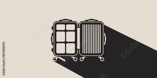 An open suitcase with compartments and wheels casting a shadow on a two toned background design art