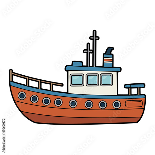 Cartoon Illustration of a Charming Orange and Blue Fishing Boat on a White Background Ready for Nautical Adventures