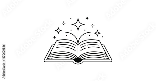 Open Book with Sparkles Icon: Black and White Line Art Symbolizing Knowledge, Imagination, Magic, and the Enlightening Power of Reading