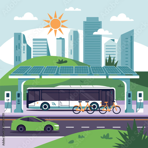 Illustration of an electric bus charging station with solar panels and a green car parked nearby