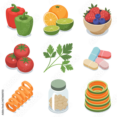 Variety of colorful fruits vegetables herbs and supplements promoting healthy lifestyle choices and balanced nutrition intake for optimal wellness and wellbeing